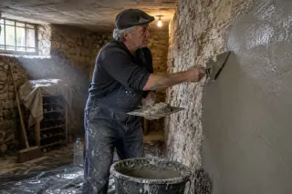 Un homme en salopette enduit un mur de cave ancienne à la truelle, seau au sol, lumière du soupirail