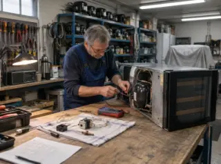 Dans un atelier de réparation d'électroménager, un réparateur teste au multimètre une cave à vin couchée sur l'établi