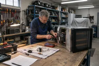 Dans un atelier de réparation d'électroménager, un réparateur teste au multimètre une cave à vin couchée sur l'établi
