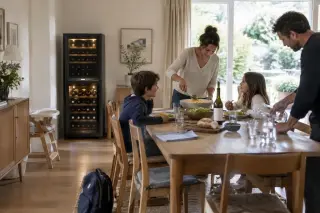 Repas de midi en famille, enfants à table, une cave à vin à deux zones contre le mur de la salle à manger
