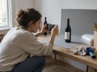 Une femme photographie une bouteille de vin au téléphone sur un fond uni, papier bulle et carton de transport à côté