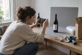 Une femme photographie une bouteille de vin au téléphone sur un fond uni, papier bulle et carton de transport à côté