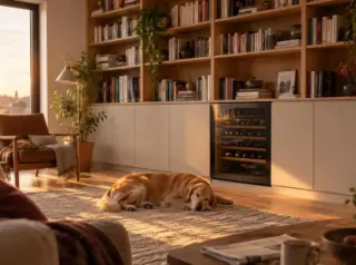 Une cave à vin intégrée comme un meuble bas sous une bibliothèque de salon, un chien dort sur le tapis devant, heure dorée