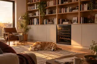 Une cave à vin intégrée comme un meuble bas sous une bibliothèque de salon, un chien dort sur le tapis devant, heure dorée