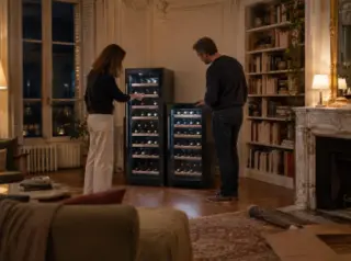 Un couple compare deux caves à vin côte à côte dans un salon haussmannien à moulures, le soir
