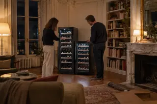 Un couple compare deux caves à vin côte à côte dans un salon haussmannien à moulures, le soir