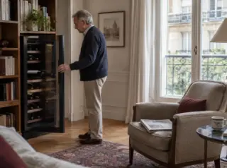 Un homme âgé ferme la porte vitrée de sa cave à vin après y avoir rangé une bouteille, journal plié sur le fauteuil de son salon