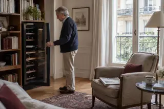 Un homme âgé ferme la porte vitrée de sa cave à vin après y avoir rangé une bouteille, journal plié sur le fauteuil de son salon