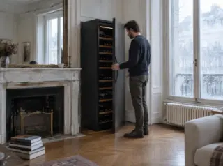 Un homme ouvre une grande cave à vin dans un salon haussmannien au parquet en point de Hongrie, cheminée de marbre, matin d'hiver
