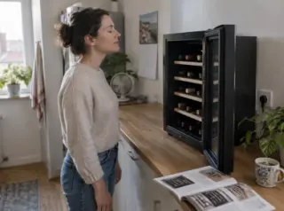 Une femme ferme les yeux devant la porte ouverte de sa cave à vin pour sentir le froid, brochure aux prix flous sur le plan