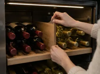 Une femme pose un séparateur dans sa cave à vin, rouges à gauche, blancs à droite