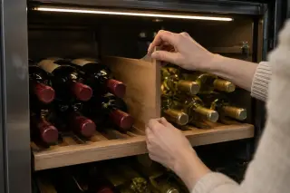Une femme pose un séparateur dans sa cave à vin, rouges à gauche, blancs à droite