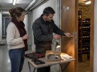Un serrurier installe une serrure neuve sur la porte de la cave d'un propriétaire qui tient les clés neuves, couloir d'immeuble