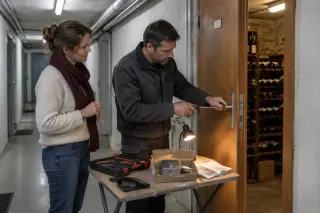 Un serrurier installe une serrure neuve sur la porte de la cave d'un propriétaire qui tient les clés neuves, couloir d'immeuble