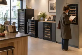Dans un showroom de cuisiniste, une femme lit une fiche devant l'encastrable d'une gamme de quatre caves à vin alignées