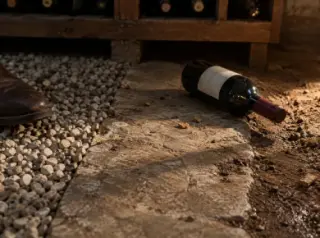 Au ras du sol d'une cave : gravier, dalle de pierre et terre battue se rejoignent, une bouteille couchée, une chaussure