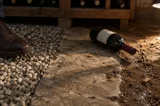 Au ras du sol d'une cave : gravier, dalle de pierre et terre battue se rejoignent, une bouteille couchée, une chaussure