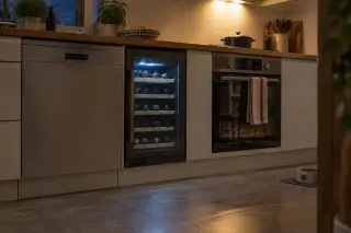 Une cave à vin encastrée sous le plan de travail entre le lave-vaisselle et le four, plinthes, lumière de la hotte