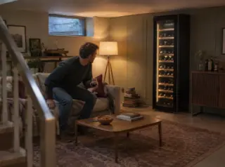 Un homme s'assied sur un canapé dans un sous-sol aménagé, une cave à vin colonne sous une lampe, tapis