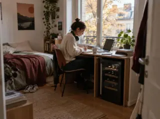 Une étudiante révise à son bureau dans son studio, une petite cave à vin logée sous le bureau, après-midi d'automne