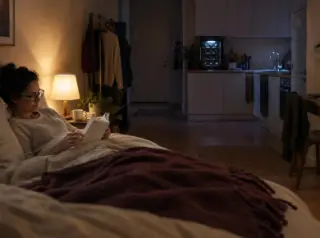 Une femme lit au lit dans un studio, la kitchenette et sa petite cave à vin visibles au fond, lampe de chevet