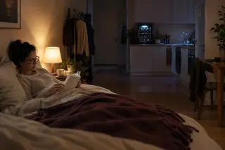 Une femme lit au lit dans un studio, la kitchenette et sa petite cave à vin visibles au fond, lampe de chevet