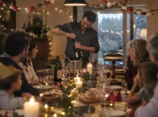 Un homme debout débouche une bouteille au bout d'une grande table de fête décorée de guirlandes, convives flous