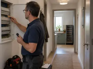 Un électricien vérifie un disjoncteur dans un tableau électrique ouvert, une cave à vin visible au bout du couloir