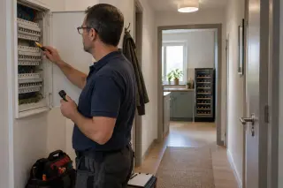 Un électricien vérifie un disjoncteur dans un tableau électrique ouvert, une cave à vin visible au bout du couloir