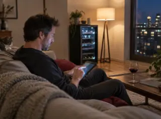 Un homme consulte une tablette sur son canapé le soir, une cave à vin visible au fond du salon près d'un lampadaire