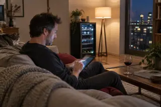 Un homme consulte une tablette sur son canapé le soir, une cave à vin visible au fond du salon près d'un lampadaire