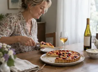 Une femme sert une part de tarte aux fruits, un verre de vin doux doré posé à côté, lumière douce