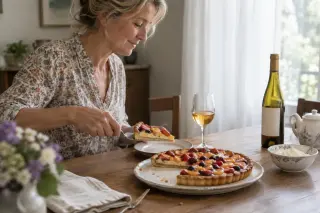 Une femme sert une part de tarte aux fruits, un verre de vin doux doré posé à côté, lumière douce