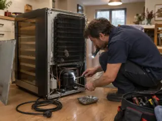 Un technicien accroupi éclaire le compresseur d'une cave à vin dont il a démonté le panneau arrière