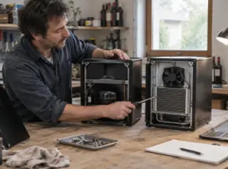 Sur une table d'atelier, un homme pointe le module d'une petite cave thermoélectrique ouverte à côté d'une cave à compresseur ouverte