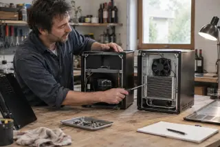 Sur une table d'atelier, un homme pointe le module d'une petite cave thermoélectrique ouverte à côté d'une cave à compresseur ouverte