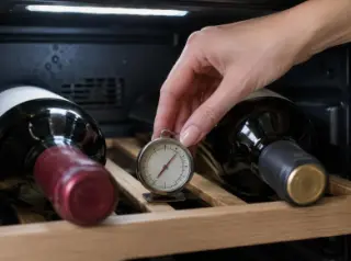 Gros plan sur la main d'une femme qui glisse un thermomètre à vin analogique entre deux bouteilles dans une cave à vin