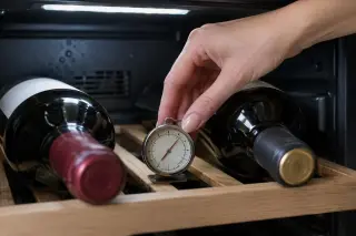 Gros plan sur la main d'une femme qui glisse un thermomètre à vin analogique entre deux bouteilles dans une cave à vin