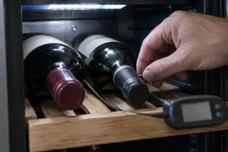 Gros plan sur une sonde de thermomètre glissée entre deux bouteilles dans une cave à vin, afficheur flou, main d'homme