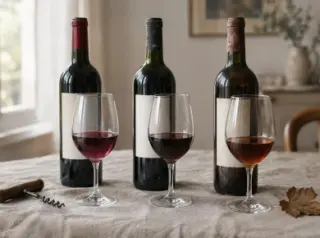Nature morte : trois bouteilles du même vin à trois âges, la robe visible à travers le verre, sur un fond de lin
