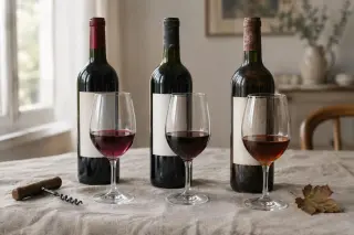 Nature morte : trois bouteilles du même vin à trois âges, la robe visible à travers le verre, sur un fond de lin