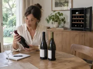 Une femme choisit parmi trois bouteilles posées devant elle, une petite cave de service ouverte derrière sur le buffet