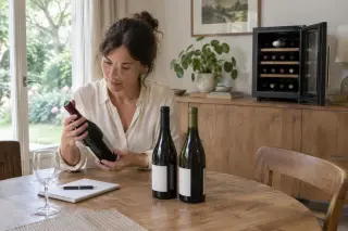 Une femme choisit parmi trois bouteilles posées devant elle, une petite cave de service ouverte derrière sur le buffet