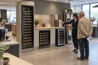 Dans un showroom de cuisiniste, une vendeuse montre à un homme âgé trois formats de cave à vin côte à côte