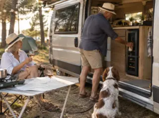 Une mini cave à vin calée dans un van aménagé, porte latérale ouverte sur un camping en été, un couple à l'extérieur