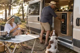 Une mini cave à vin calée dans un van aménagé, porte latérale ouverte sur un camping en été, un couple à l'extérieur
