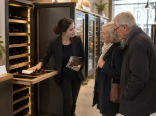 Dans un magasin spécialisé, une vendeuse montre une clayette d'une grande cave de vieillissement ouverte à un couple de retraités