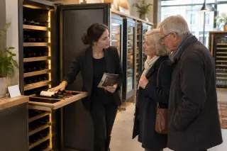 Dans un magasin spécialisé, une vendeuse montre une clayette d'une grande cave de vieillissement ouverte à un couple de retraités