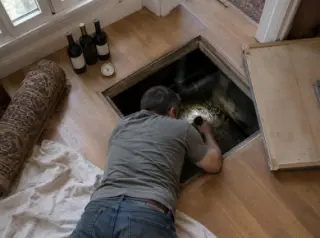Un homme à plat ventre éclaire à la lampe l'intérieur d'un vide sanitaire par une trappe ouverte dans le sol, bouteilles à côté