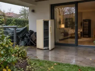 Une vieille cave à vin jaunie des années 90 attend au rebut sous l'auvent d'une terrasse, la neuve visible dans le salon
